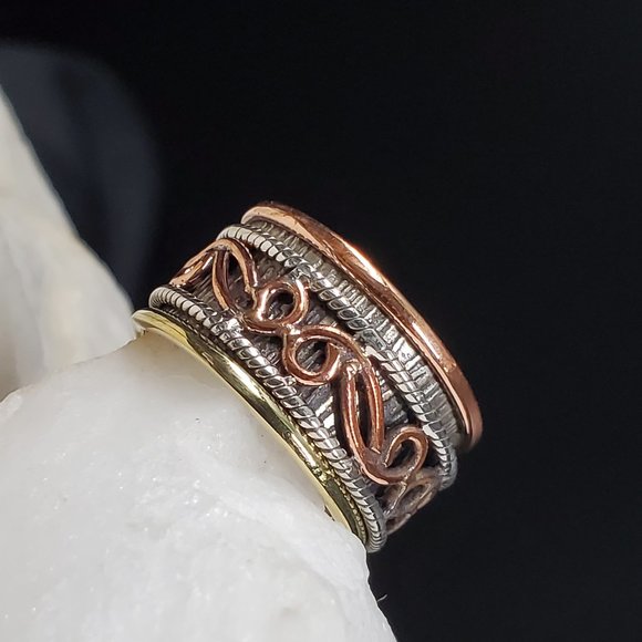 Sterling Silver 925/14k Rose Gold plated Band Boho Artisan Silversmith Ring - Picture 1 of 7